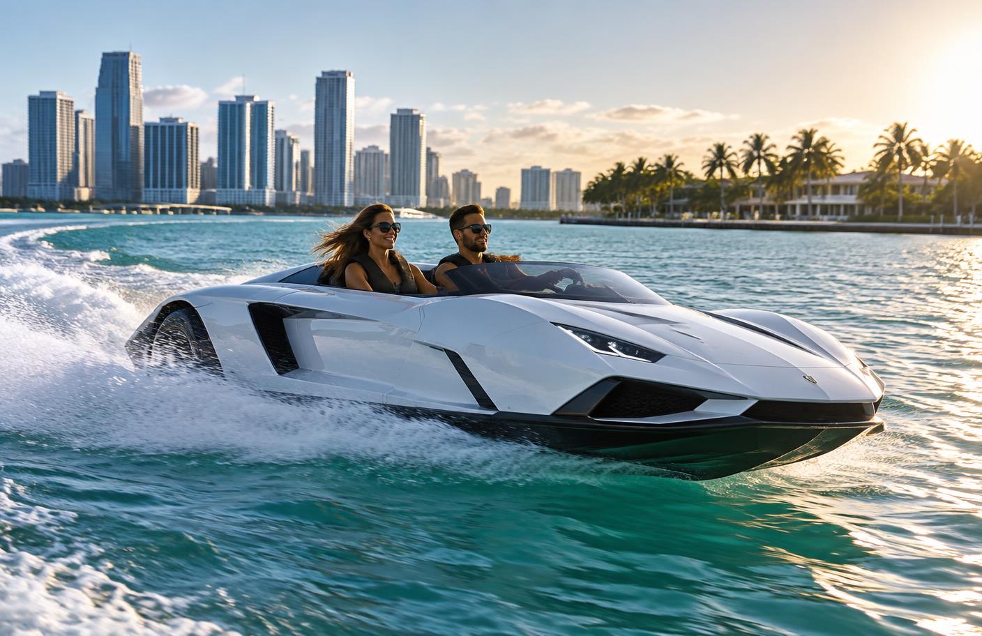 White luxury JetCar racing across Biscayne Bay with the Miami skyline at sunset